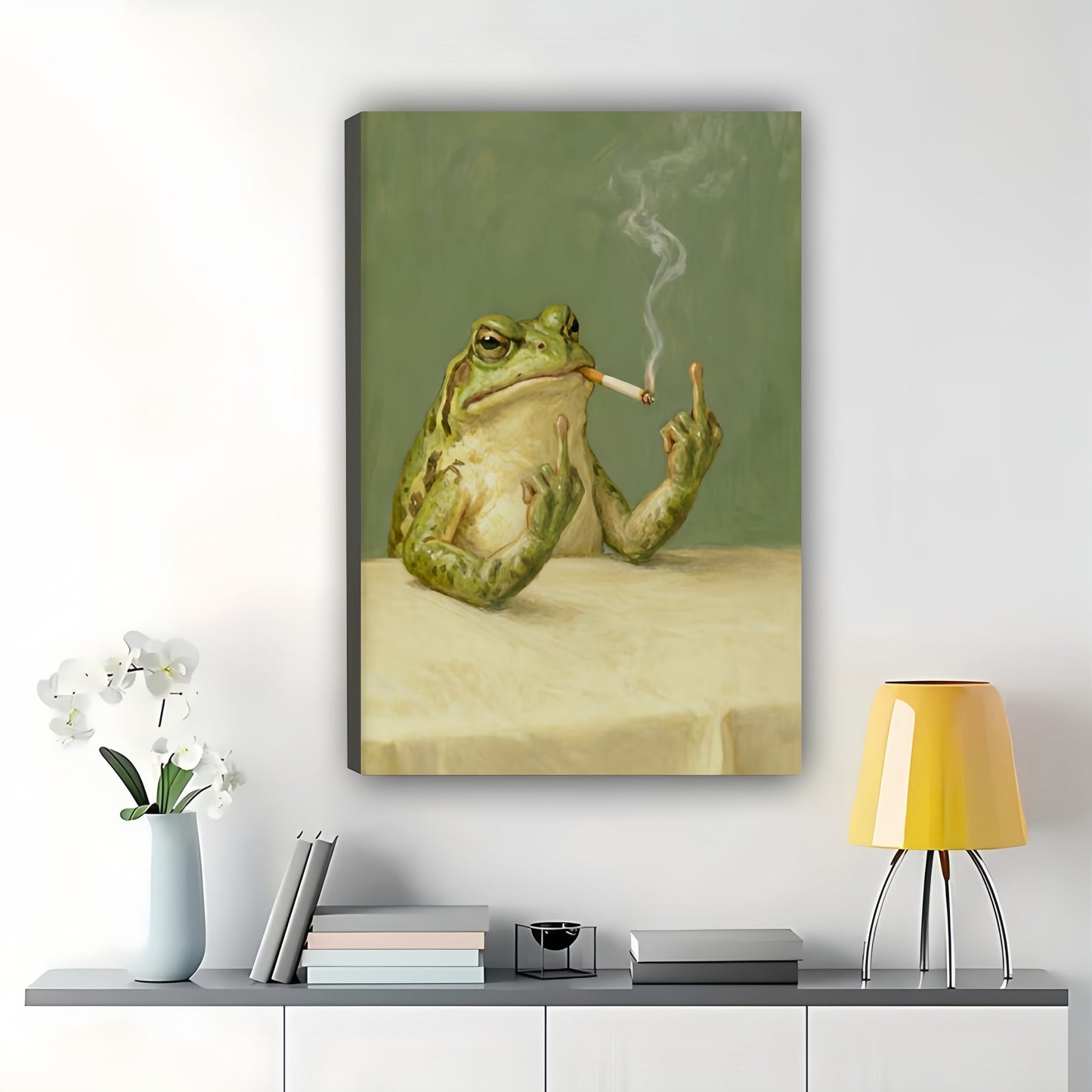 Retro Smoking Frog – Humorous Anthropomorphic Wall Art on Natural Wood Canvas