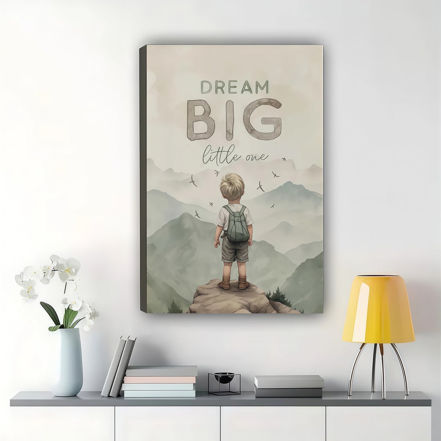"Dream Big Little One" Wall Art – Inspirational Mountain Child Canvas Print on Natural Wood Frame