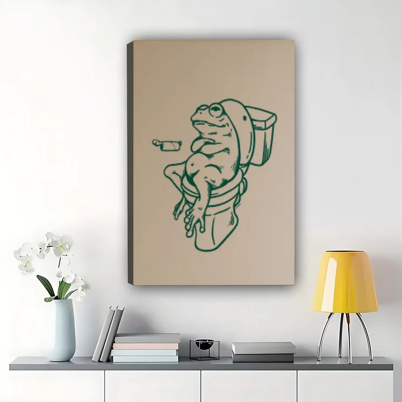 Frog on Toilet – Whimsical Bathroom Line Art Wall Art on Natural Wood Canvas