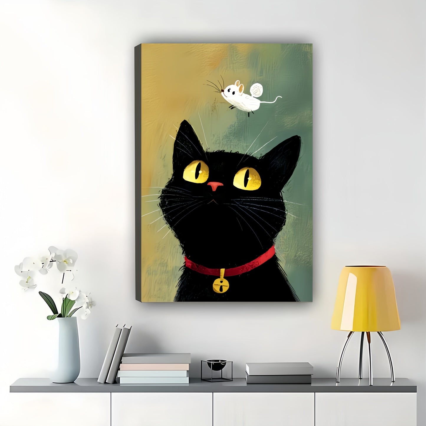 Minimalist Black Cat with Flying Birds Line Art – Calm Cozy Wall Art on Natural Wood Canvas