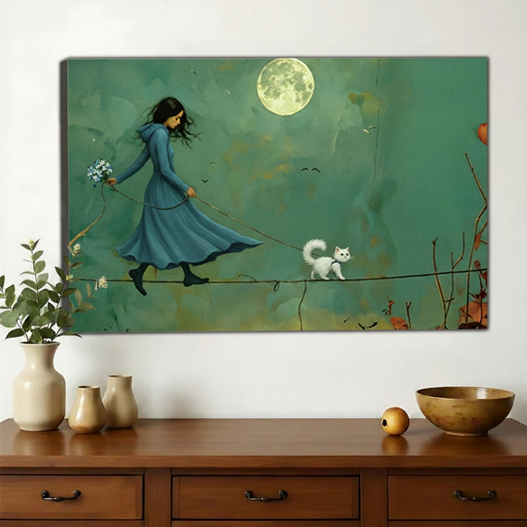 Girl Walking White Cat Under Full Moon Wall Art – Whimsical Teal Fantasy Canvas Print on Natural Wood Frame