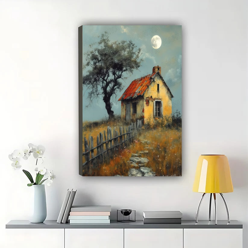 Rustic Cottage Moonlit Landscape – Vintage Countryside Wall Art on Natural Wood Canvas