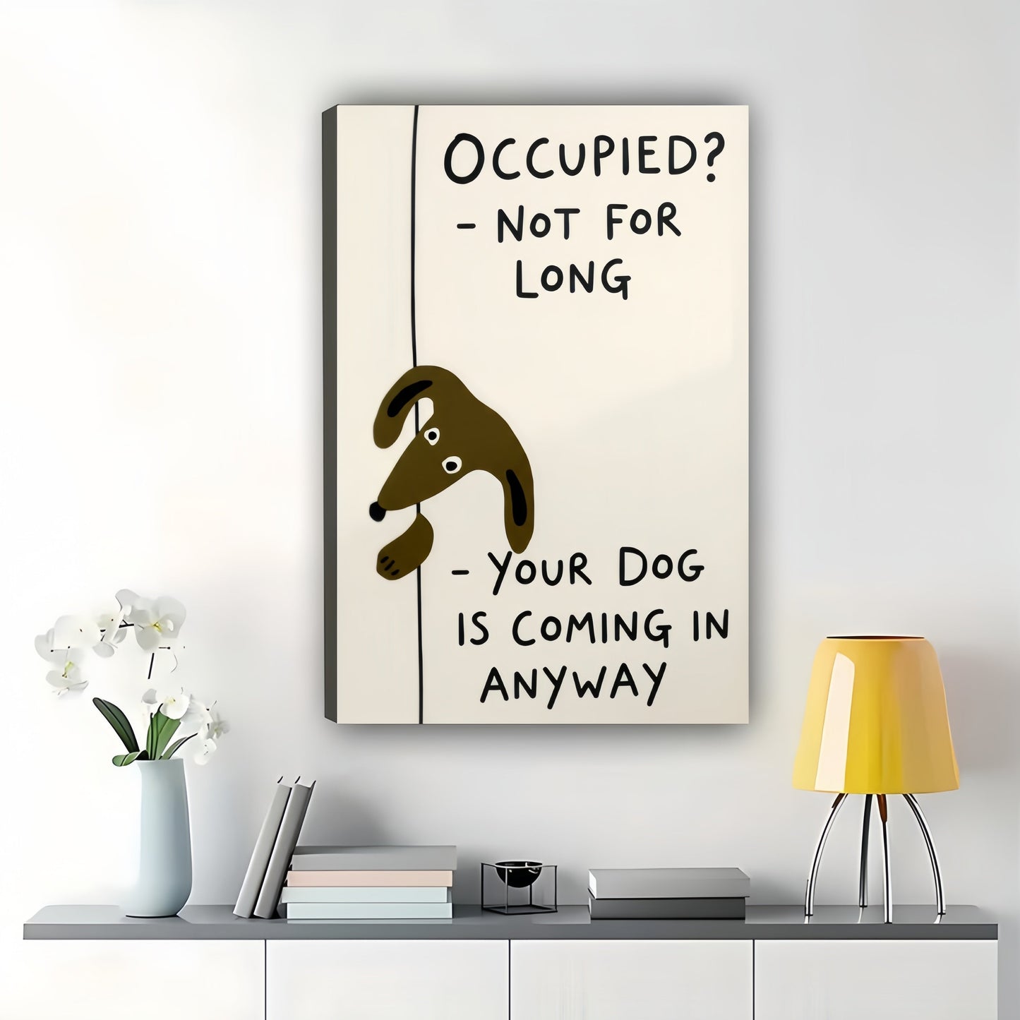 OCCUPIED? NOT FOR LONG Dachshund – Humorous Bathroom Wall Art on Natural Wood Canvas