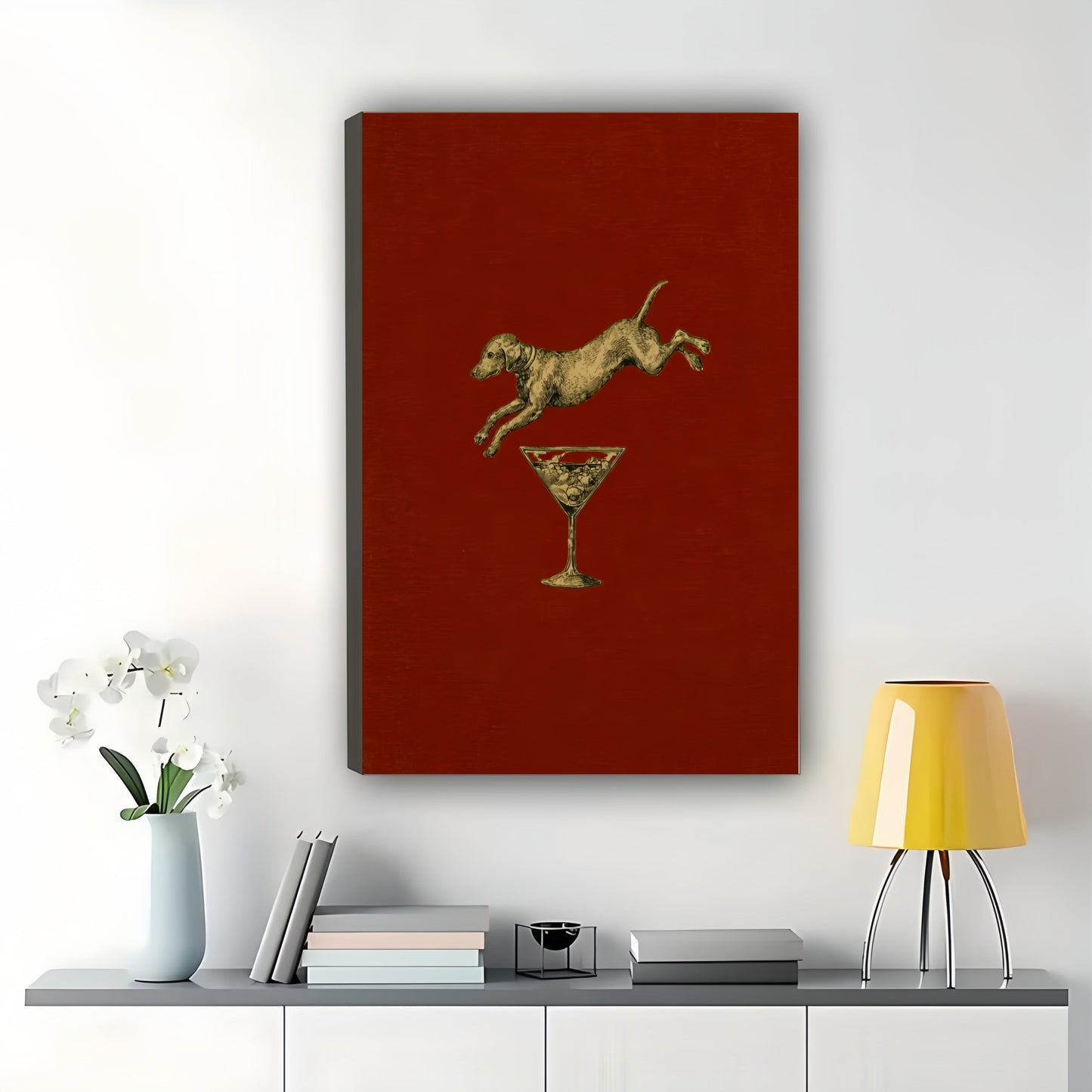 Dog Jumping Over Martini – Whimsical Retro Bar Dog Wall Art on Natural Wood Canvas