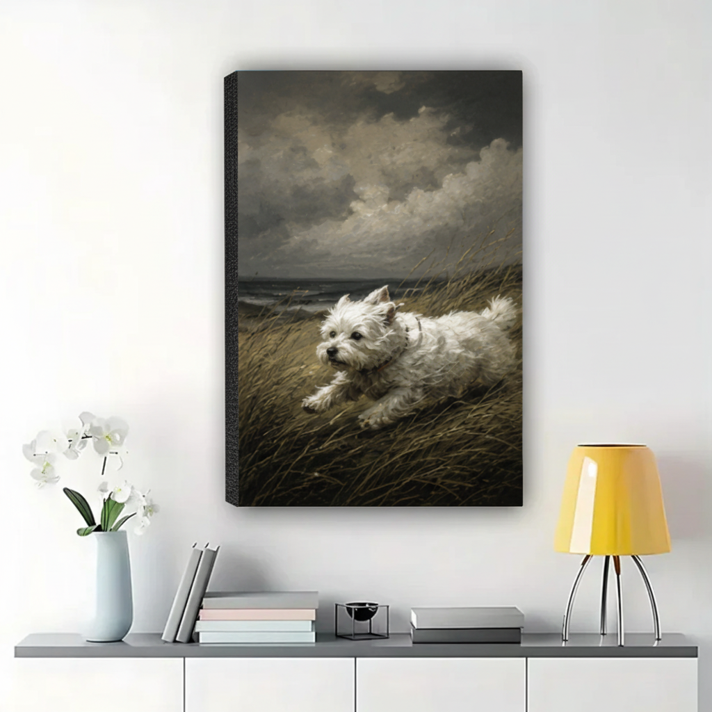 West Highland Terrier Running on the Dunes Wall Art – Dramatic Vintage Dog Canvas Print on Natural Wood Frame