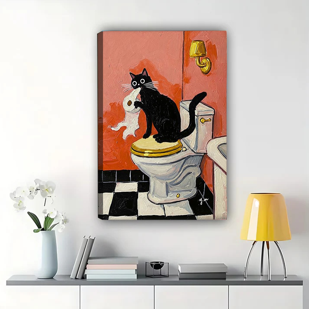 Funny Cat Bathroom Wall Art - Black Cat with Toilet Paper Print