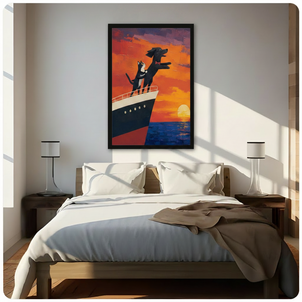 Cat Dog Titanic Sunset Romantic Canvas Wall Art