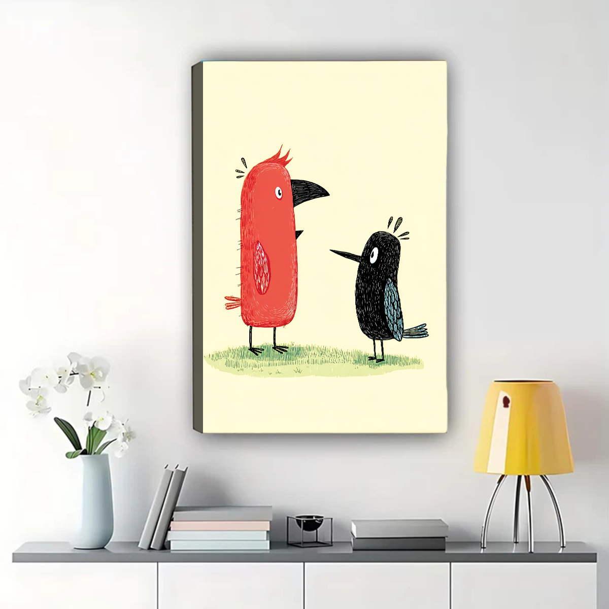Two Birds Wall Art - Whimsical Red and Black Print