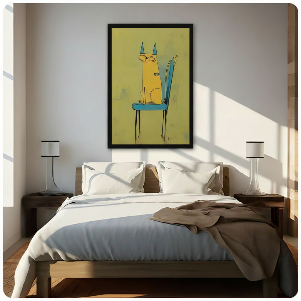 Yellow Cat Blue Chair Minimalist Canvas Wall Art