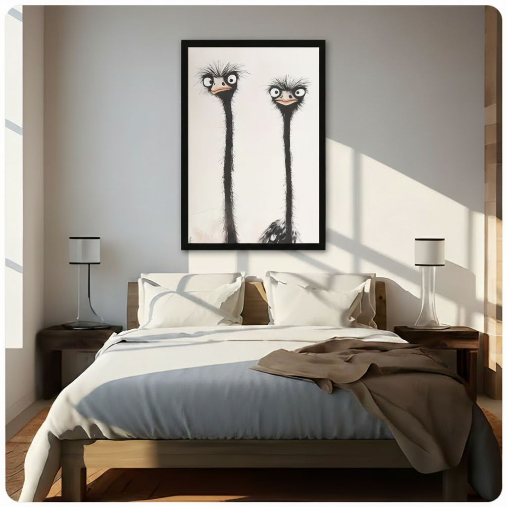 Funny Ostrich Duo Minimalist Ink Canvas Art Wall Art