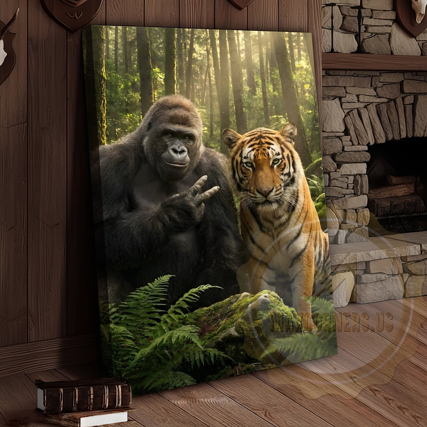 Jungle Wildlife Canvas Wall Art - Gorilla Tiger Friendship Forest Print