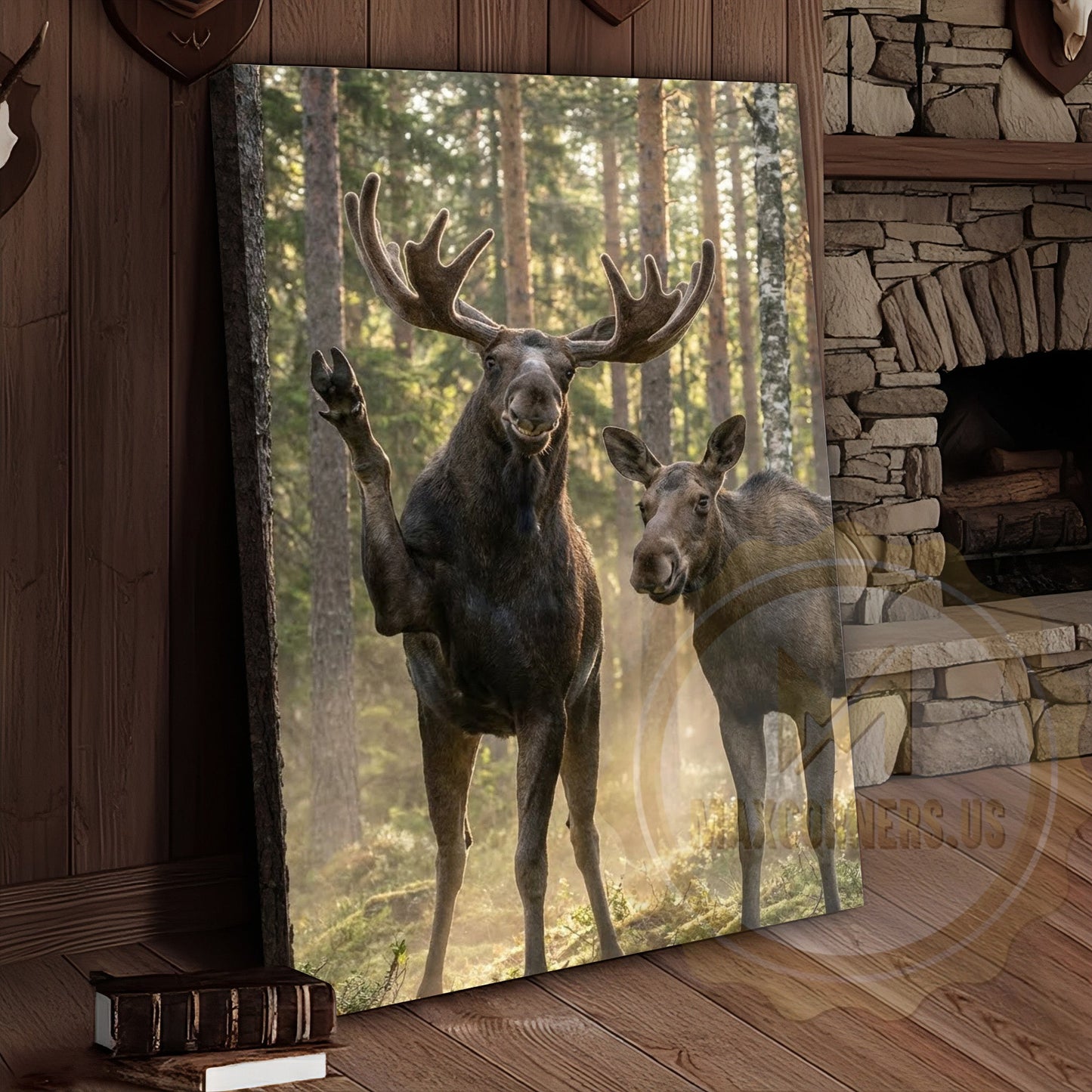 Friendly Moose Canvas Wall Art - Waving Forest Wildlife Pair Print