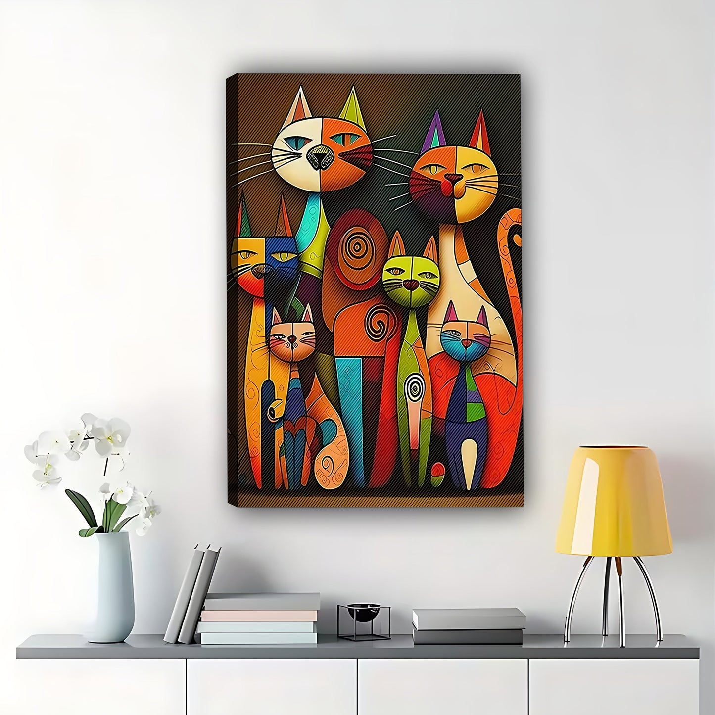 The Whimsical Cat Crew – Colorful Cartoon Wall Art on Natural Wood Canvas