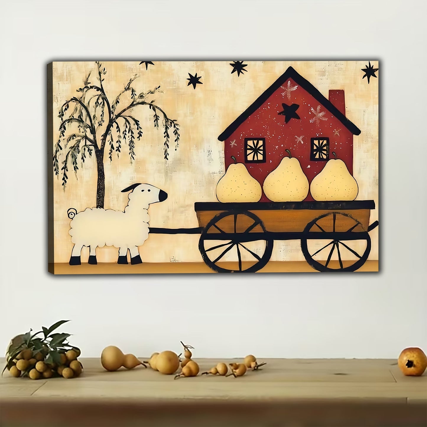 Red House Cart – Charming Rustic Scene Wall Art on Natural Wood Canvas
