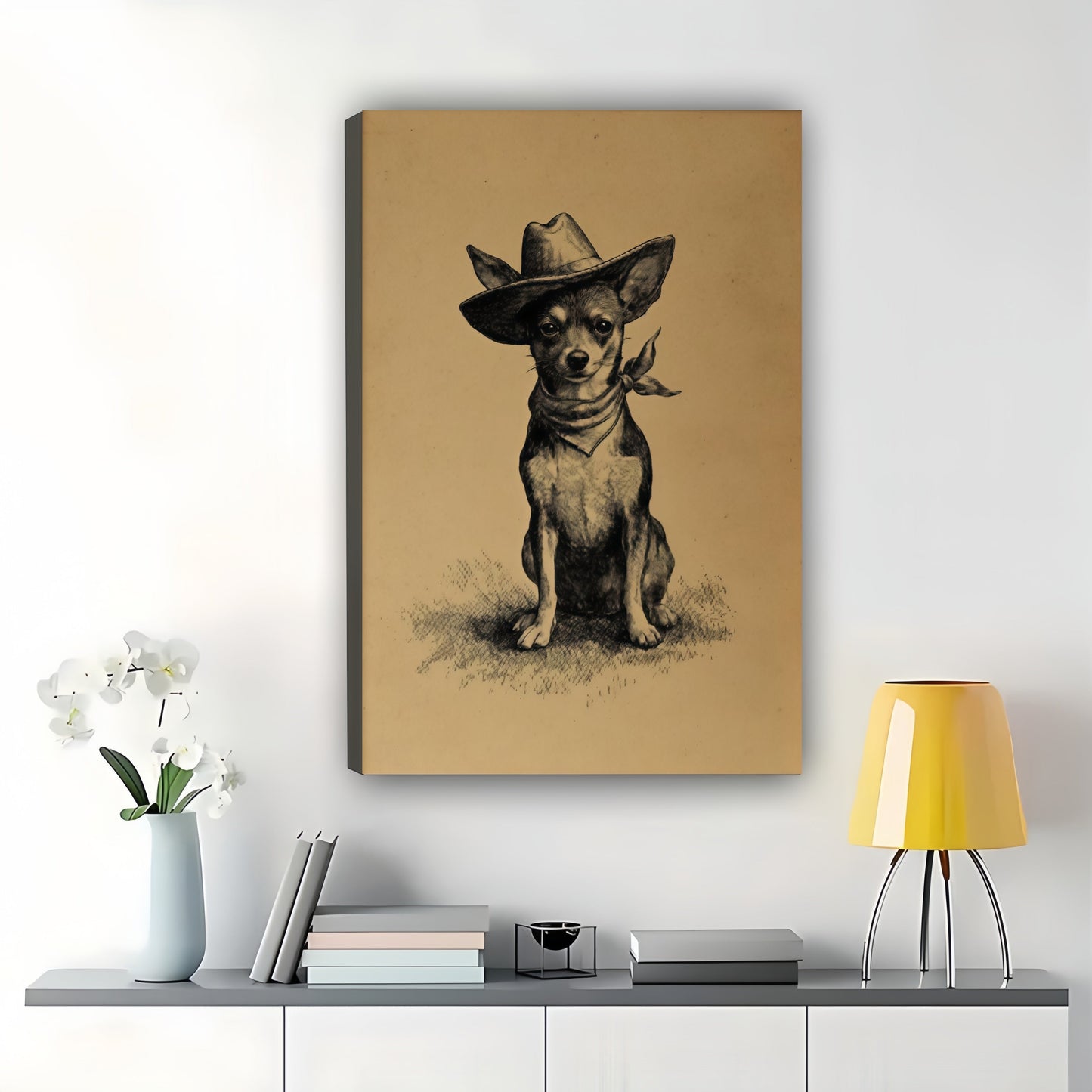 Cowboy Chihuahua – Rustic Western Dog Wall Art on Natural Wood Canvas