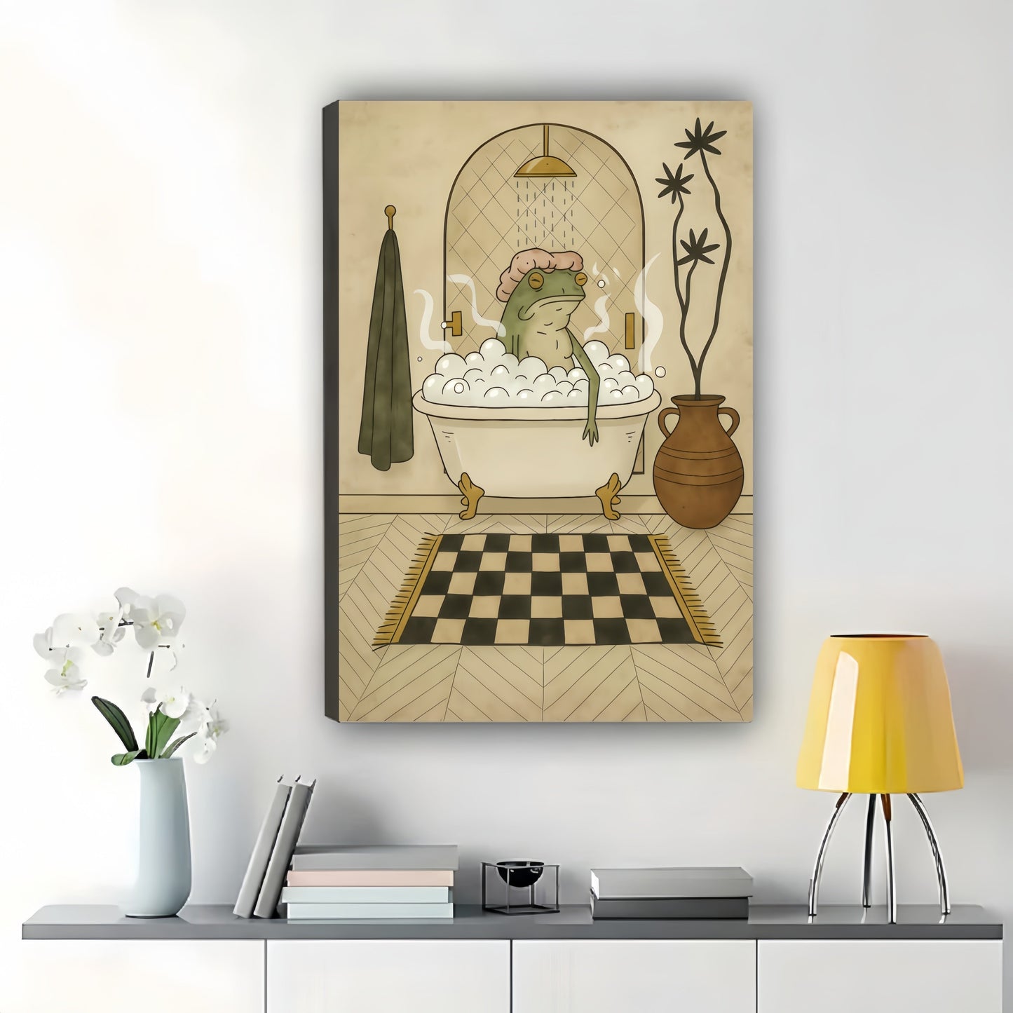 The Bathtub-Steaming Frog – Retro Bathroom Wall Art on Natural Wood Canvas
