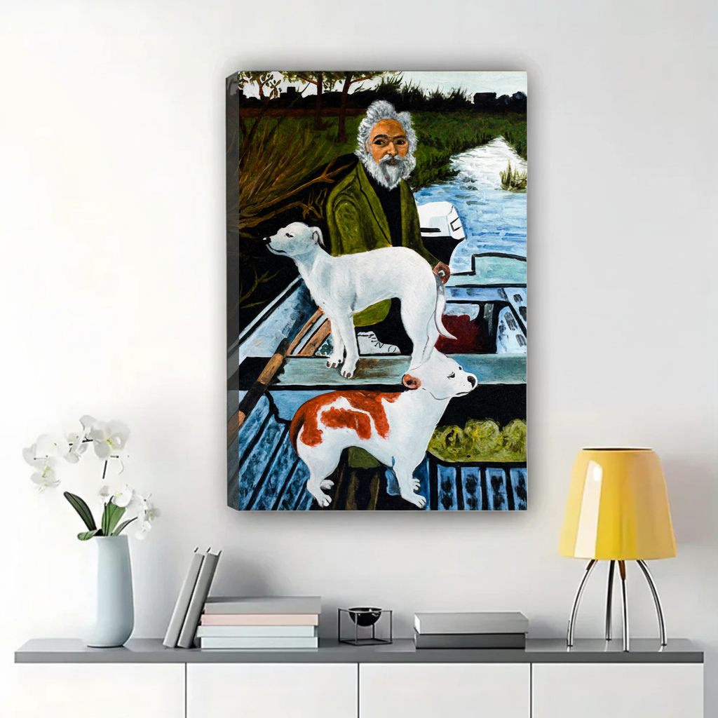 Old Man & Two Hounds in a Rowboat Wall Art – Naïve Realist Oil Painting Canvas Print on Natural Wood Frame