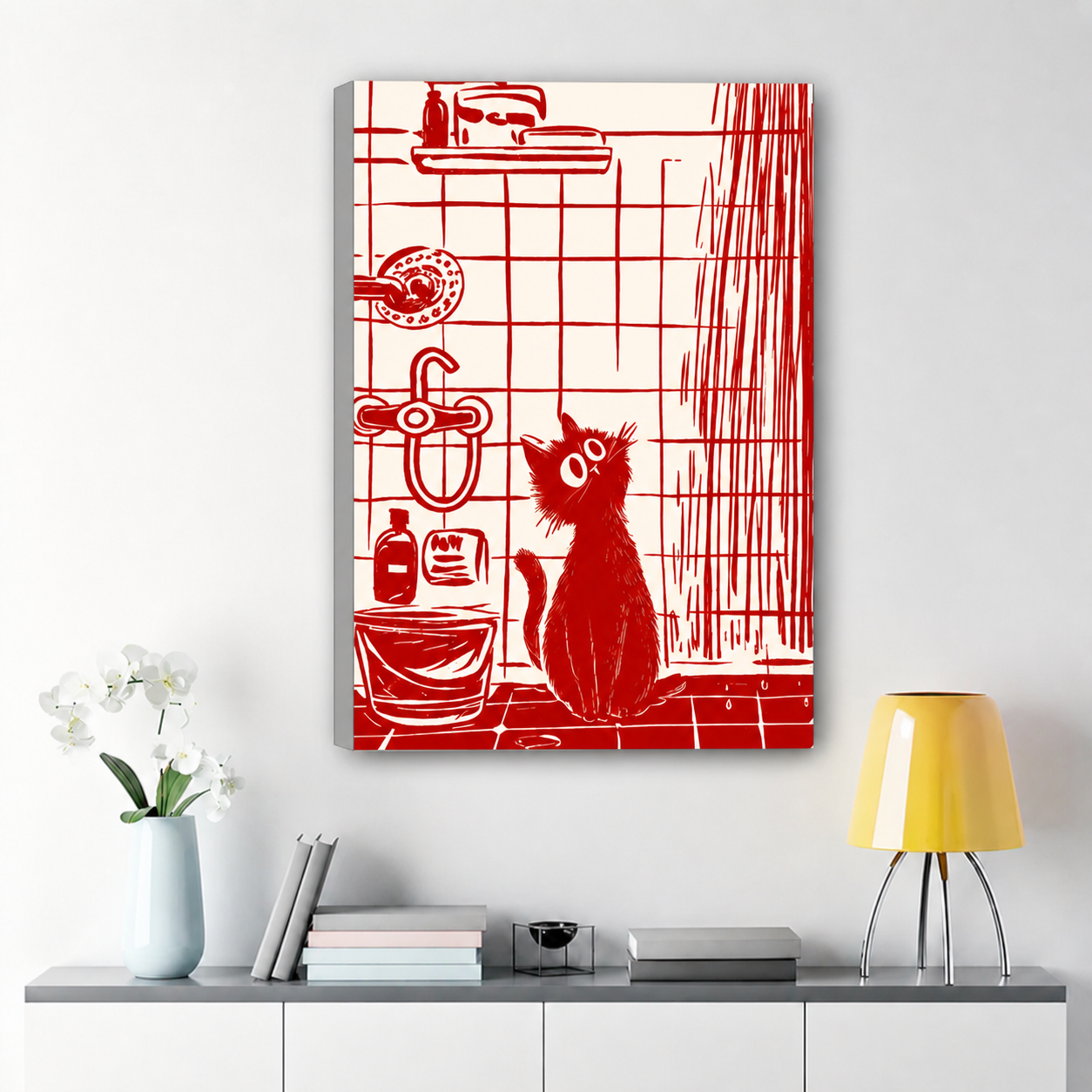 Curious Cat in the Shower Wall Art – Bold Red Linocut Bathroom Canvas Print on Natural Wood Frame