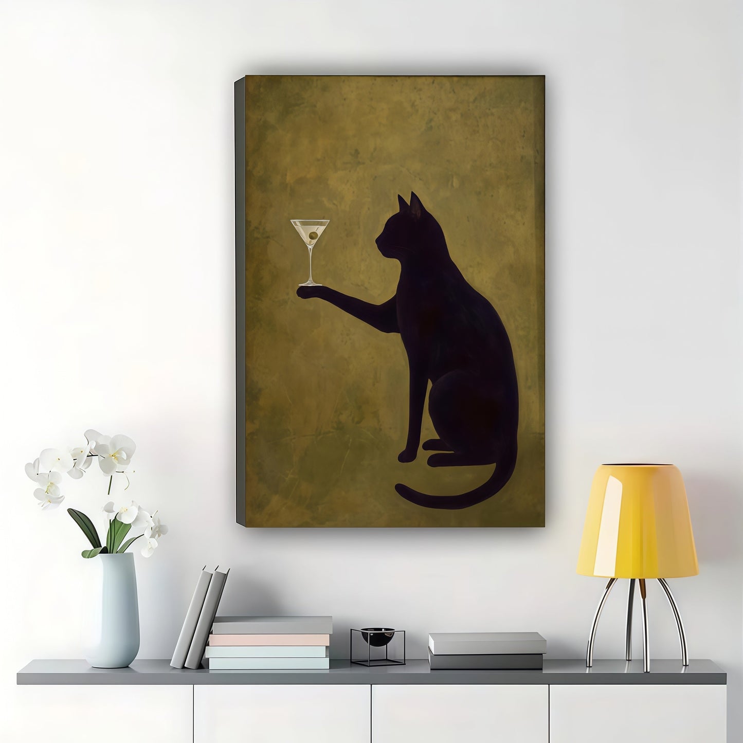 Black Cat with Martini – Stylish Cocktail Cat Wall Art on Natural Wood Canvas