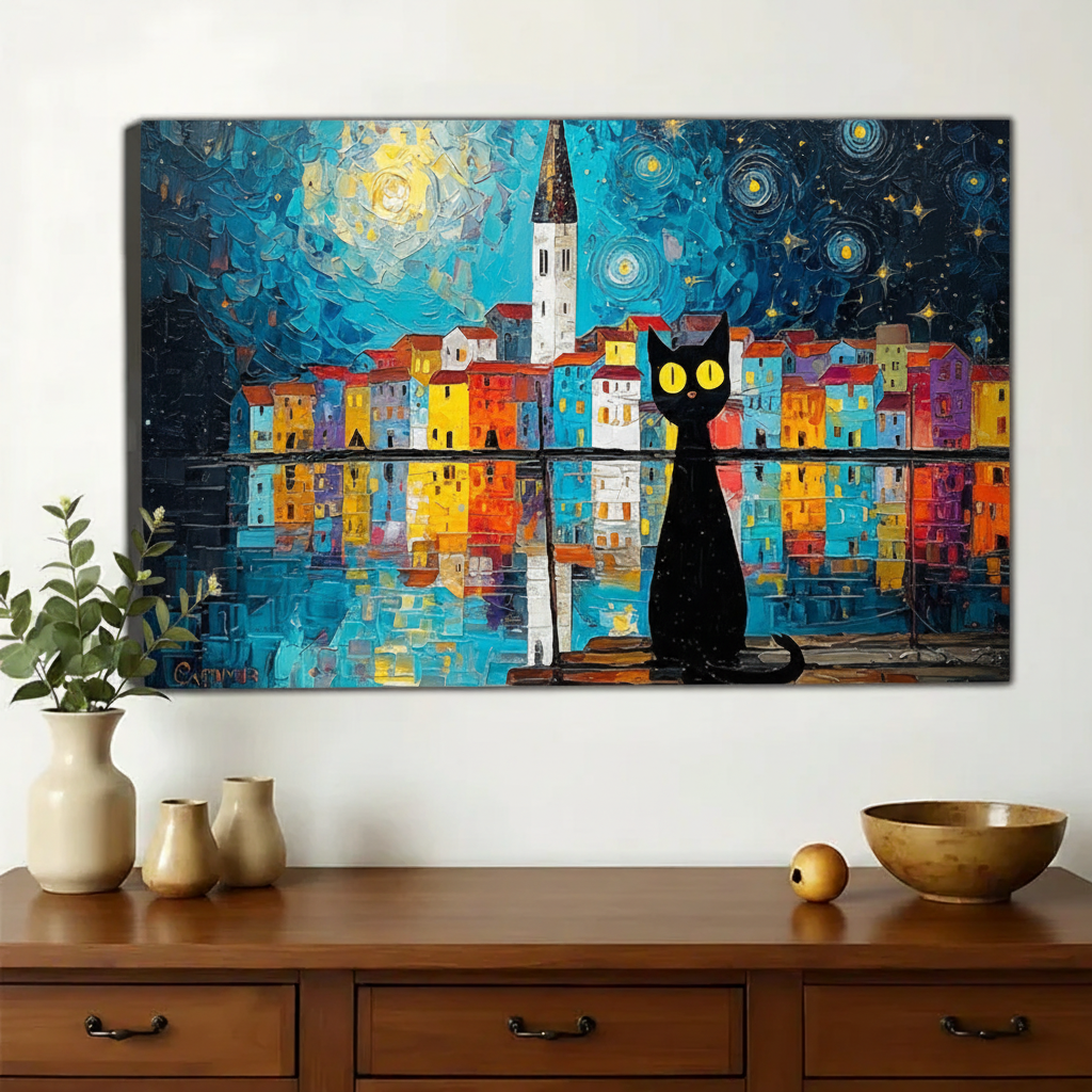 Black Cat in Van Gogh-Style Starry Night Cityscape – Artistic Whimsical Wall Art on Natural Wood Canvas