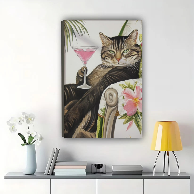 Tabby Cat with Martini Glass Wall Art – Whimsical Cat Canvas Print on Natural Wood Frame