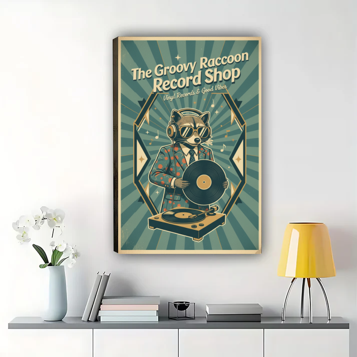 Groovy Raccoon Record Shop Poster - Vintage Vinyl Wall Art