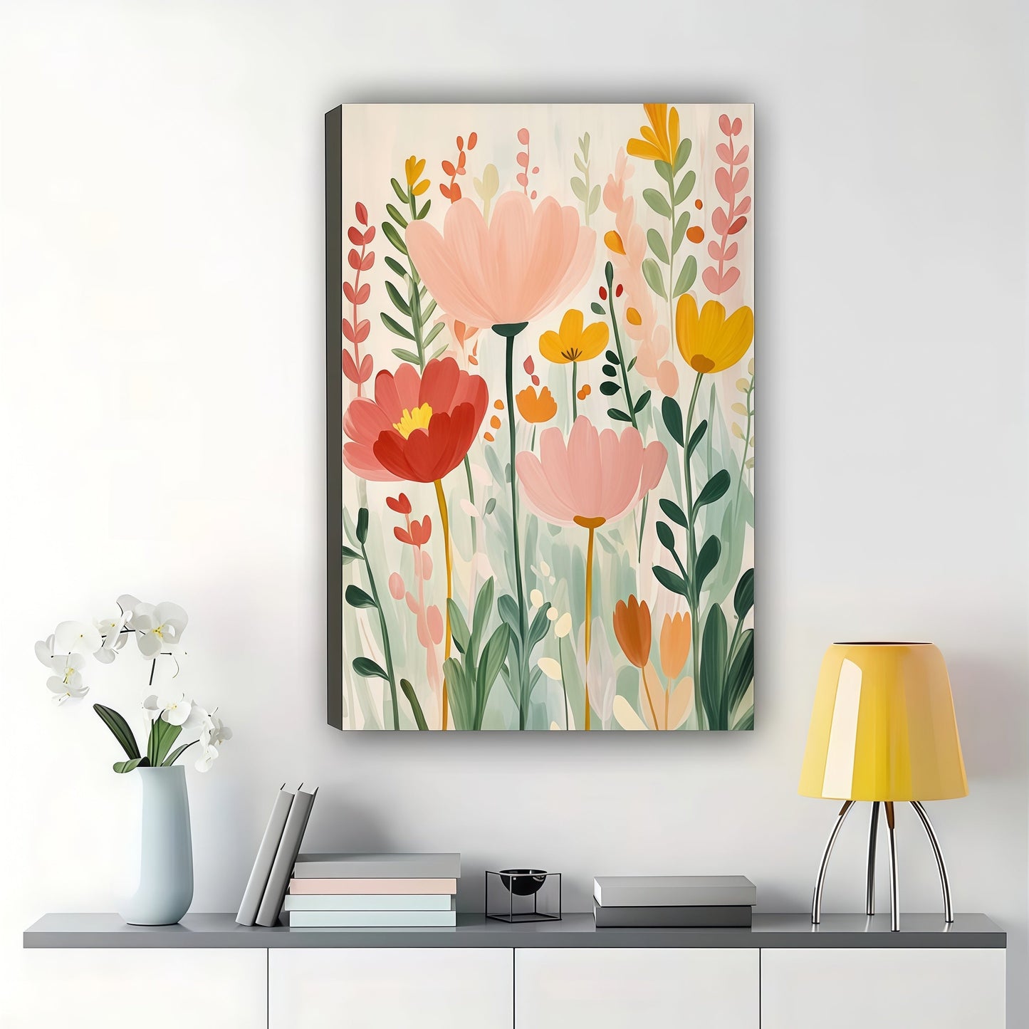 Watercolor Style Colorful Floral Bouquet – Minimalist Fresh Wall Art on Natural Wood Canvas