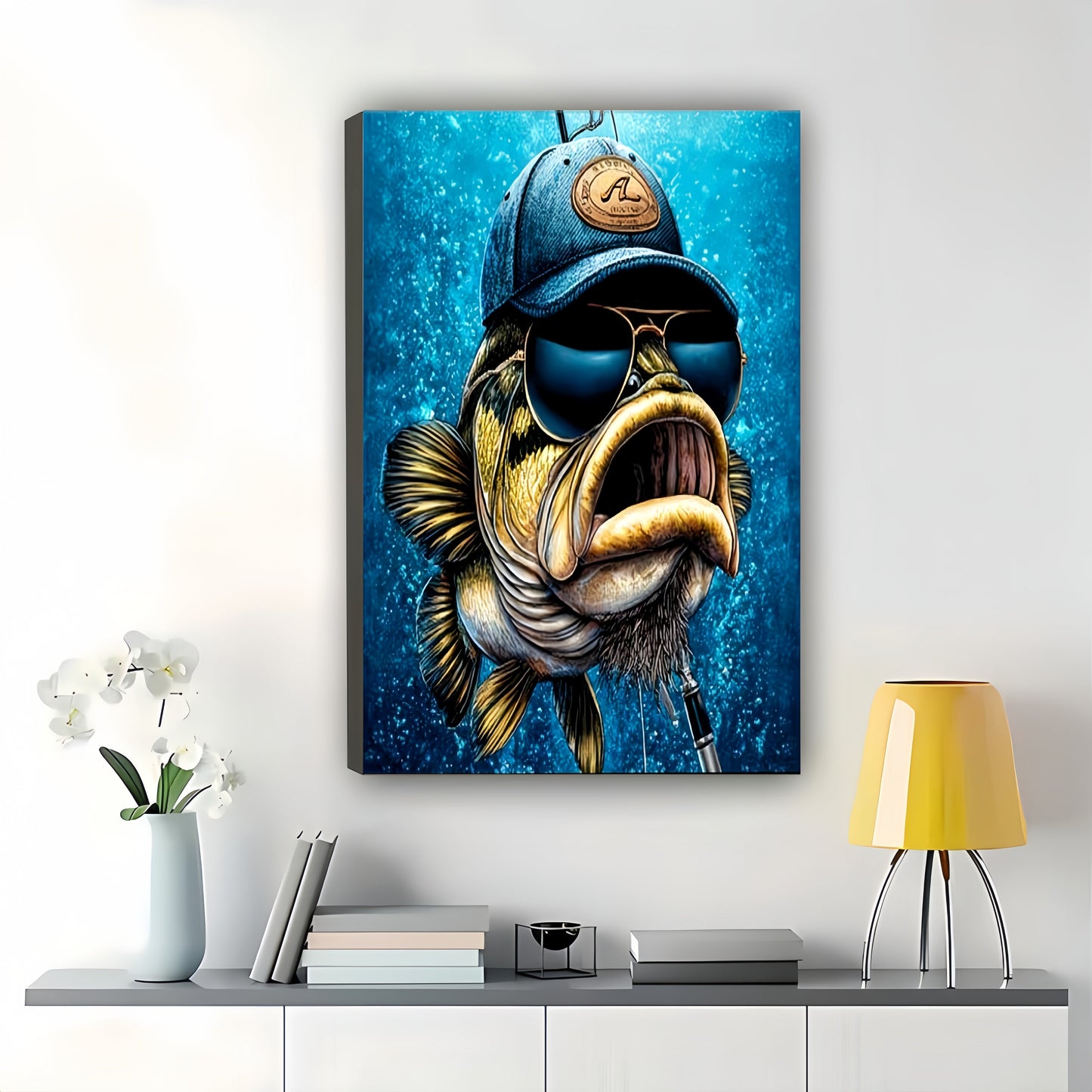 Sunglasses-Wearing Big-Mouth Fish – Retro Quirky Wall Art on Natural Wood Canvas