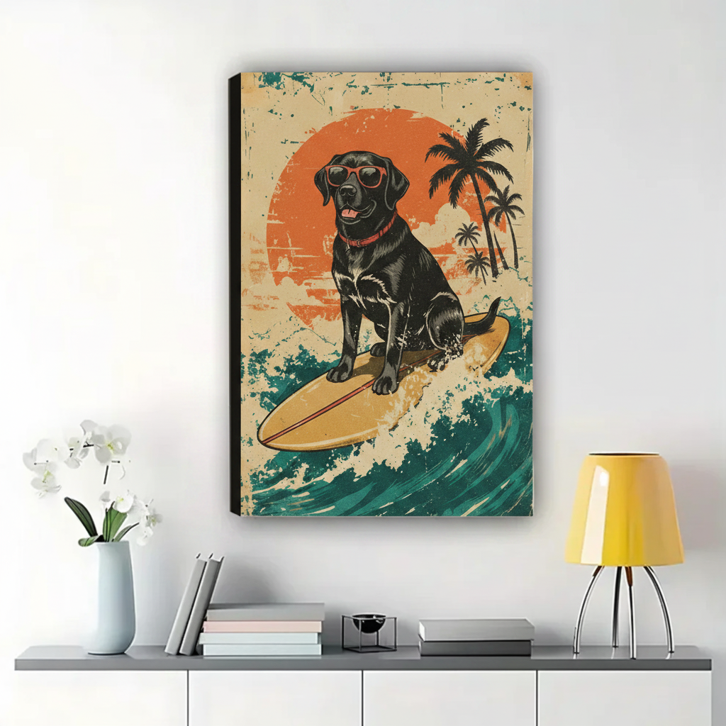 Surfing Black Labrador Wall Art – Retro Vintage Dog Canvas Print on Natural Wood Frame
