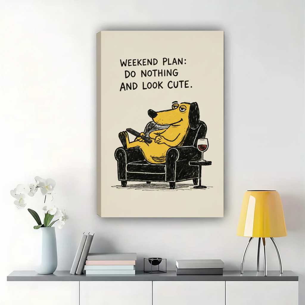 Weekend Plan Do Nothing Dog Wall Art – Funny Cartoon Dog Canvas Print on Natural Wood Frame