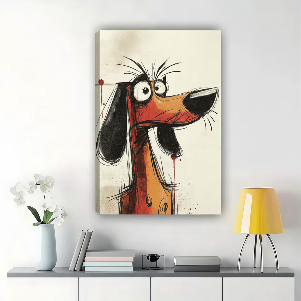 Grumpy Dachshund Sketch Wall Art – Expressive Cartoon Dog Canvas Print on Natural Wood Frame