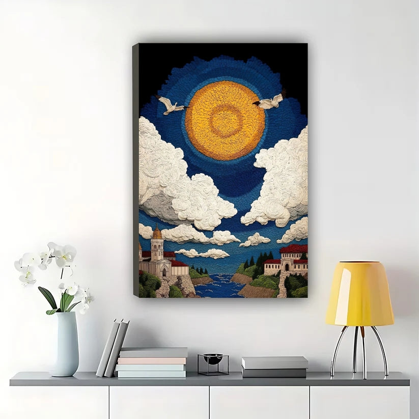 The Starry Sky Village – Van Gogh-Inspired Dreamy Wall Art on Natural Wood Canvas