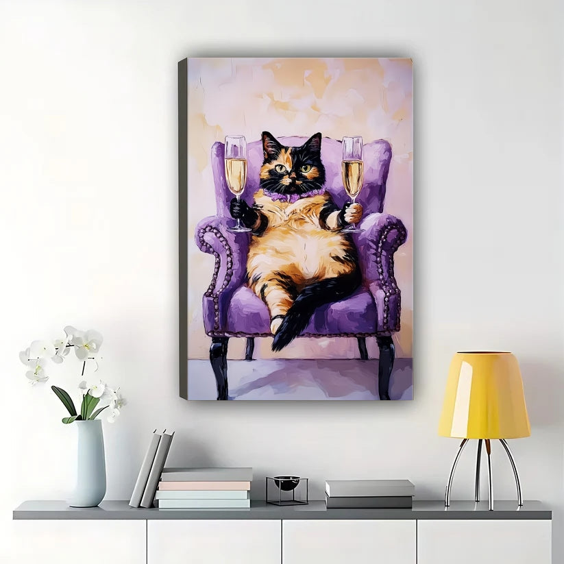 Chonky Cat on Purple Armchair – Whimsical Pet Wall Art on Natural Wood Canvas