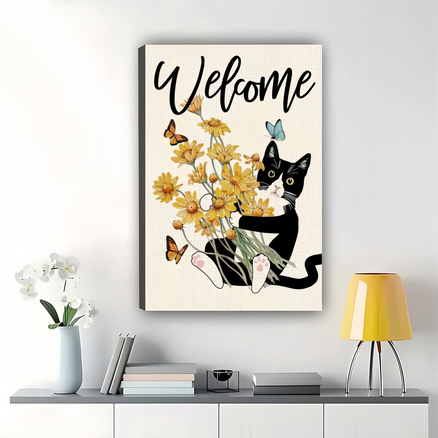 “Welcome” Black & White Cat with Sunflowers – Cheerful Garden Wall Art on Natural Wood Canvas