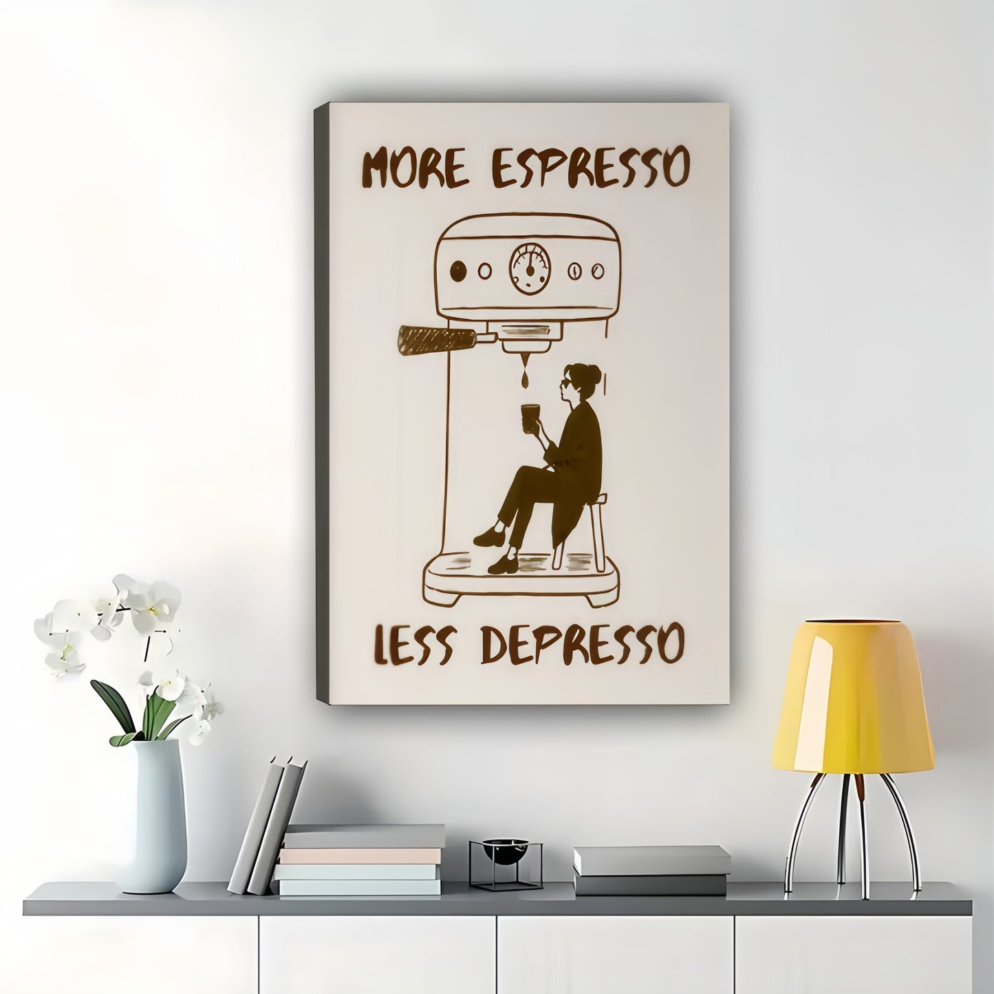 More Espresso Less Depresso Coffee Lover – Humorous Retro Wall Art on Natural Wood Canvas