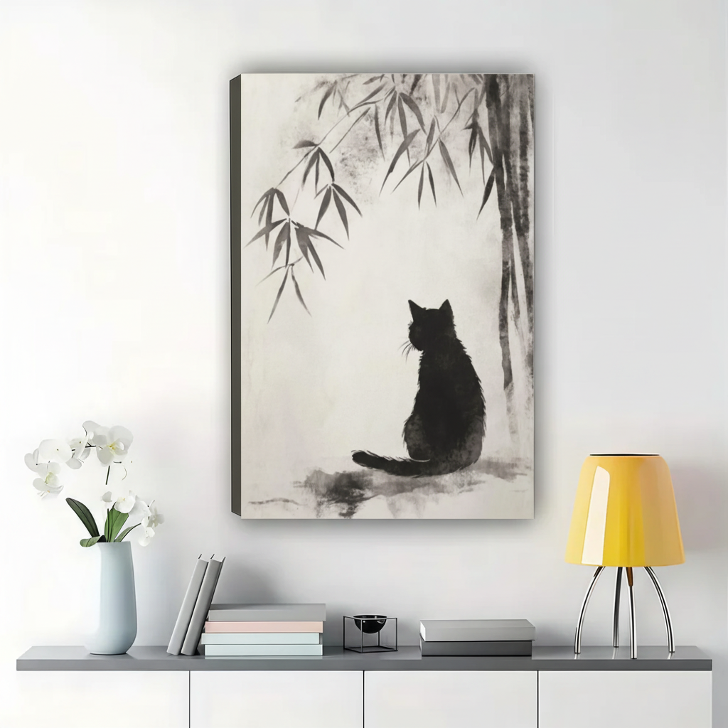Black Cat in Bamboo Grove Wall Art – Zen Ink Wash Canvas Print on Natural Wood Frame