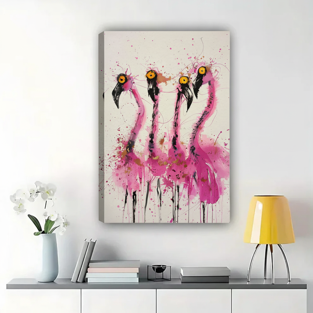 Four Wild Flamingos Wall Art – Expressive Ink Splatter Canvas Print on Natural Wood Frame