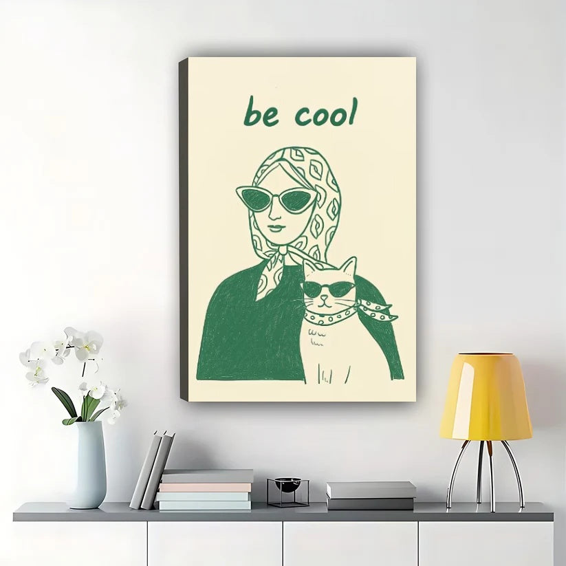 Be Cool Woman & Cat – Retro Cool Cat & Owner Wall Art on Natural Wood Canvas