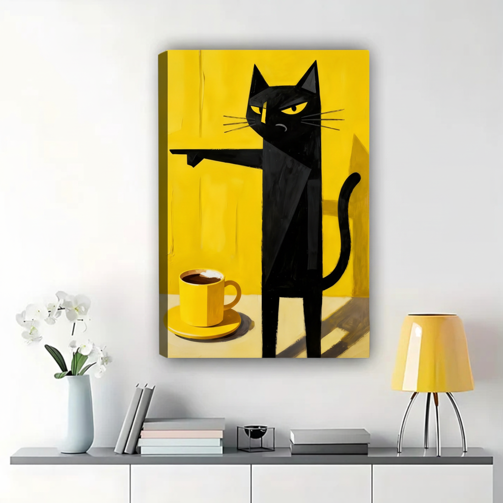 Grumpy Black Cat with Coffee Wall Art - Funny Cat Canvas Print