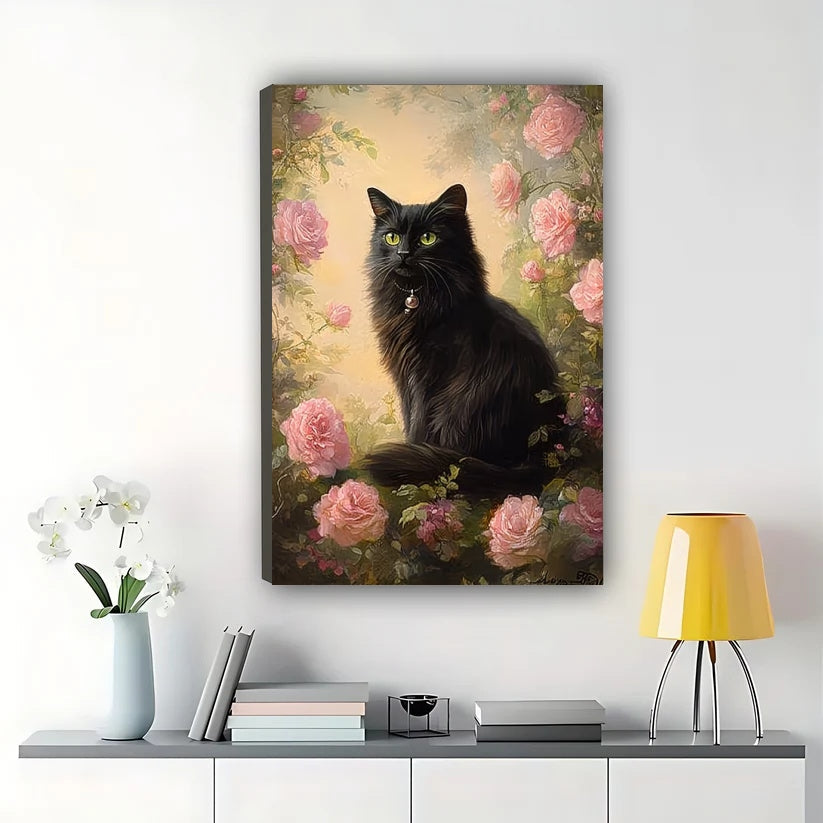 Black Cat in Pink Rose Garden – Realistic Floral Oil Painting Wall Art on Natural Wood Canvas