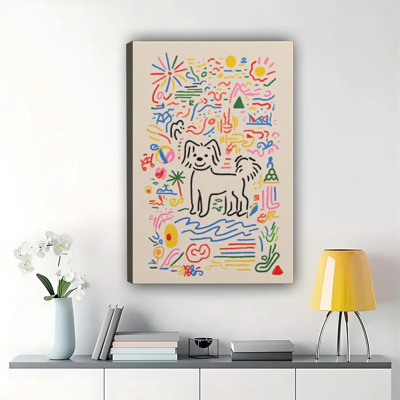 Colorful Doodle Dog Wall Art – Playful Abstract Dog Canvas Print on Black Wood Frame