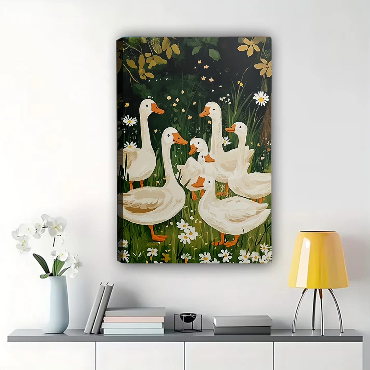 White Ducks Garden Art - Farmhouse Cottage Wall Decor Canvas Wall Art