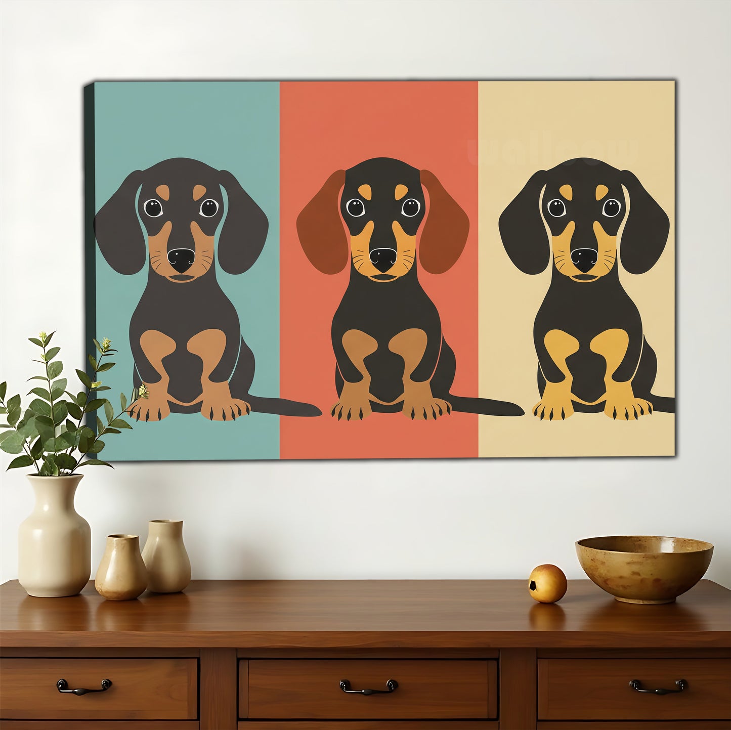 The Geometric Dachshund Trio – Modern Pet Wall Art on Natural Wood Canvas