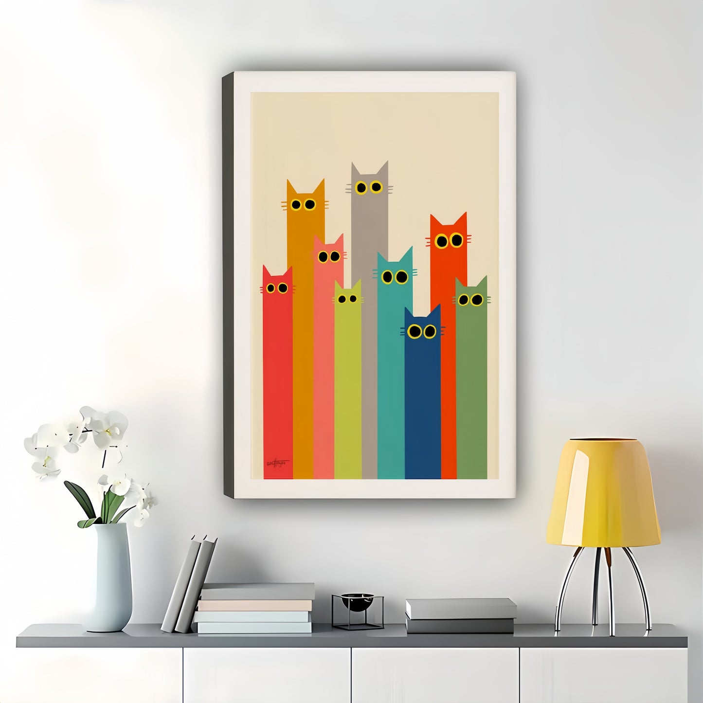 Rainbow Cat Stack – Colorful Mid-Century Modern Wall Art on Natural Wood Canvas