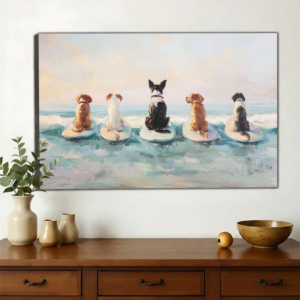 Five Dogs on Surfboards Wall Art – Coastal Oil Painting Canvas Print on Natural Wood Frame