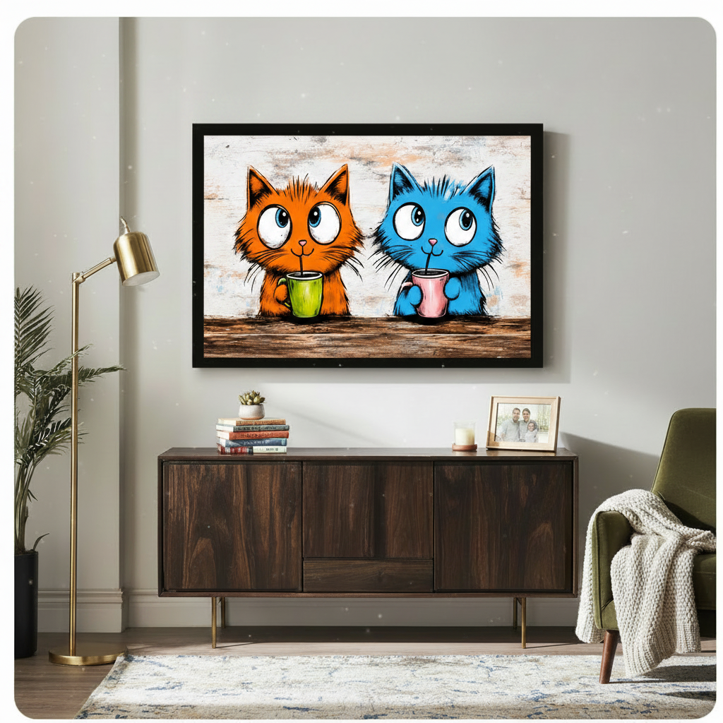 Two Cats Morning Coffee Horizontal Canvas Wall Art