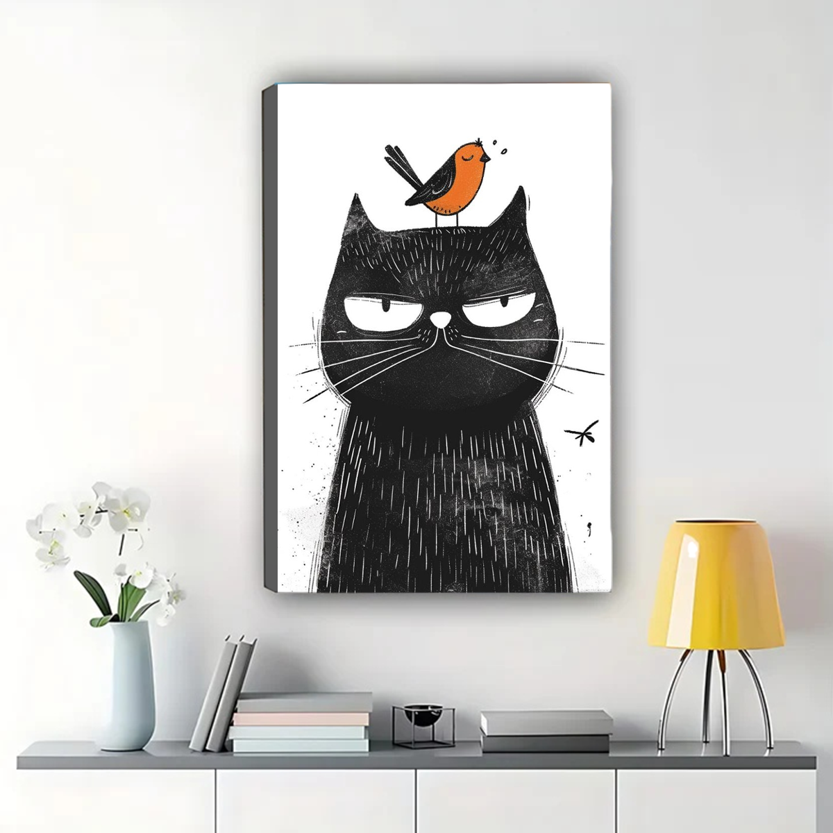 Grumpy Cat with Bird Wall Art - Funny Illustration Print