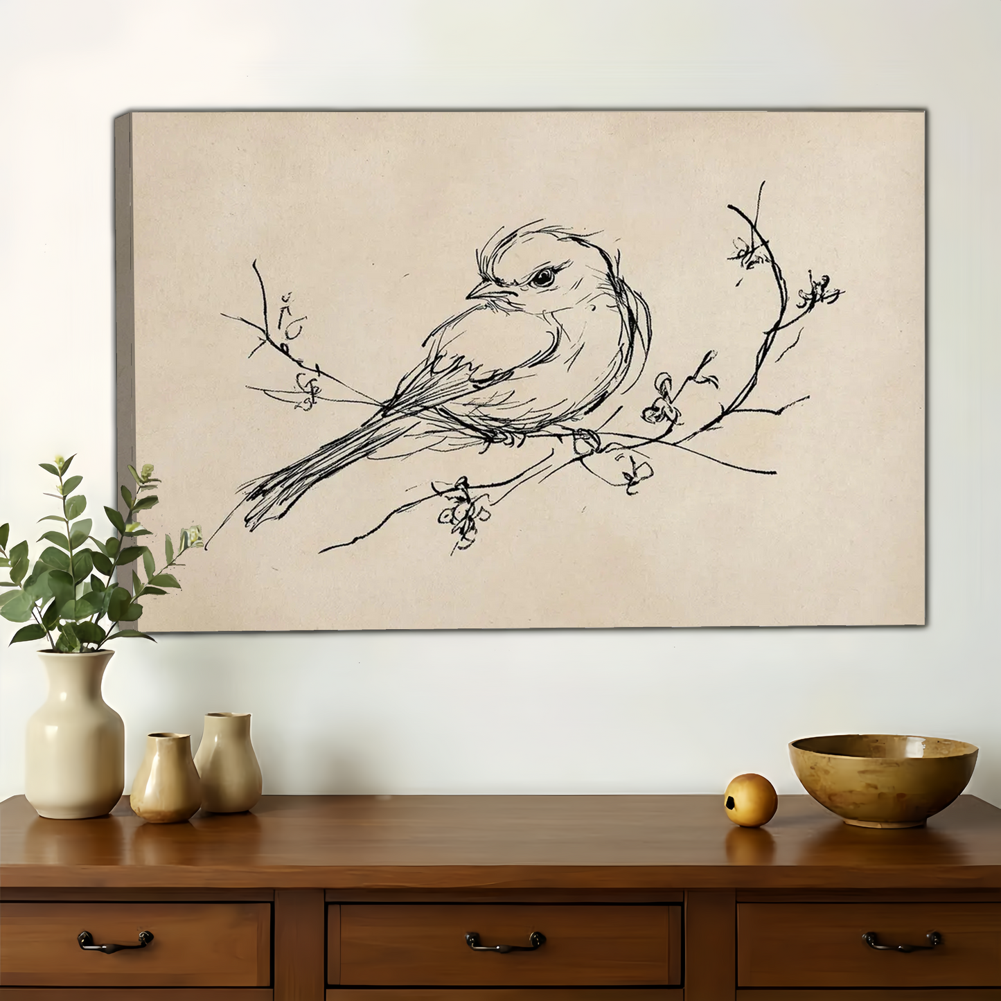 Bird on Branch Sketch Wall Art – Minimalist Nature Canvas