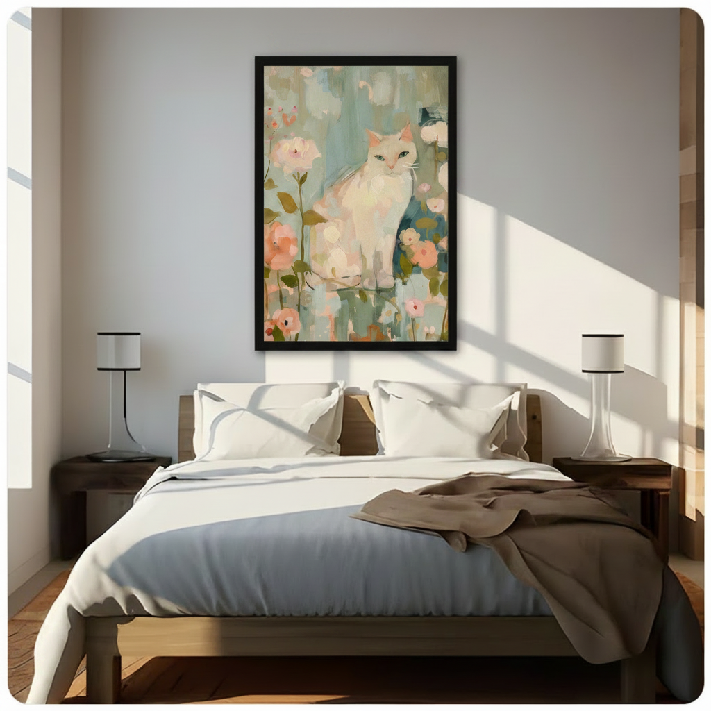 White Cat Floral Impressionist Canvas Wall Art