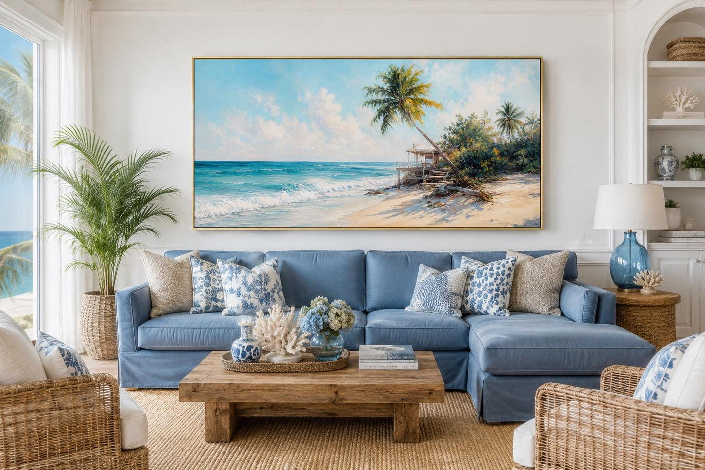Tropical Beach with Palm Trees and Turquoise Waves, Coastal Wall Art
